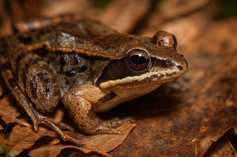 Wood frog on leaf litter