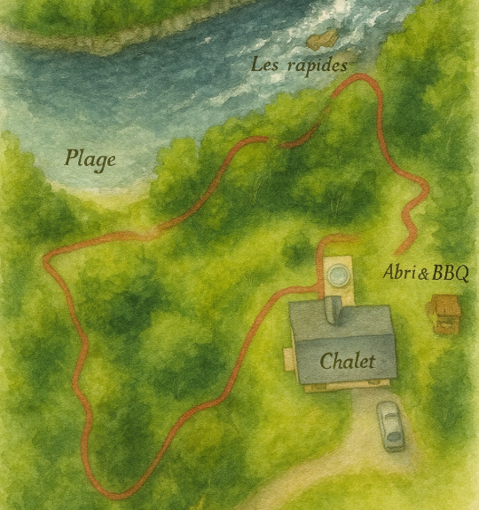 Watercolor site map: river, beach, rapids, chalet, hot tub, shelter & BBQ, parking
